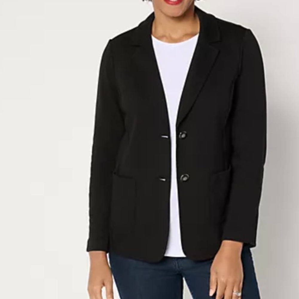Susan Graver Weekend Marina Knit Plus Notch Collar Blazer Black